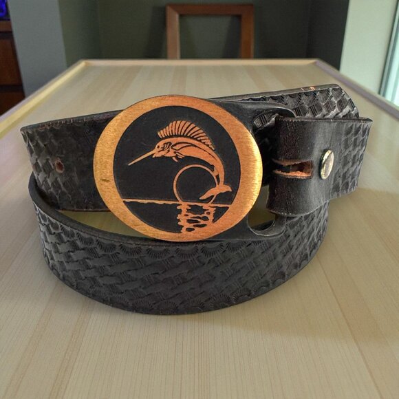 Tech Ether Guild “Marlin” Limited Edition Solid Brass Belt Buckle Leather USA - Picture 1 of 10